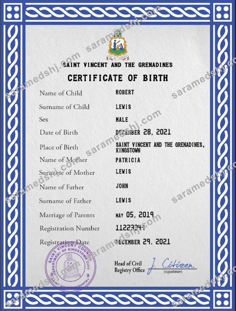 Saint Vincent and the Grenadines birth certificate PSD template